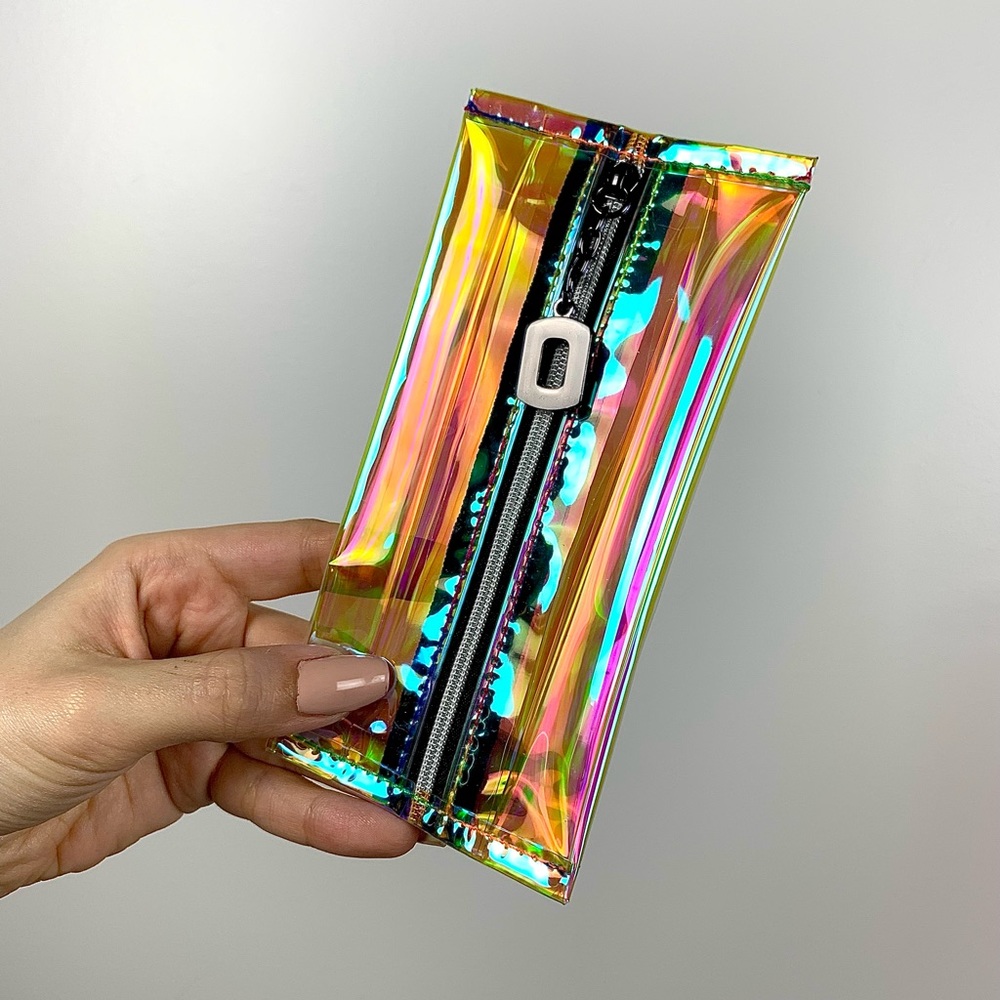 Womens NEW Pink/Orange/Blue Holographic Mini Cosmetic Bag/Coin Purse Clutch NWT